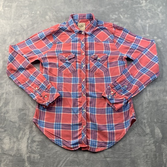Hollister Tops - Hollister Women's Pink Blue Plaid Flannel Shirt Pearl Snap Buttons Size M